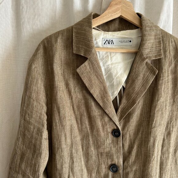 ZARA Linen Beige Striped Blazer Size M - Picture 5 of 11